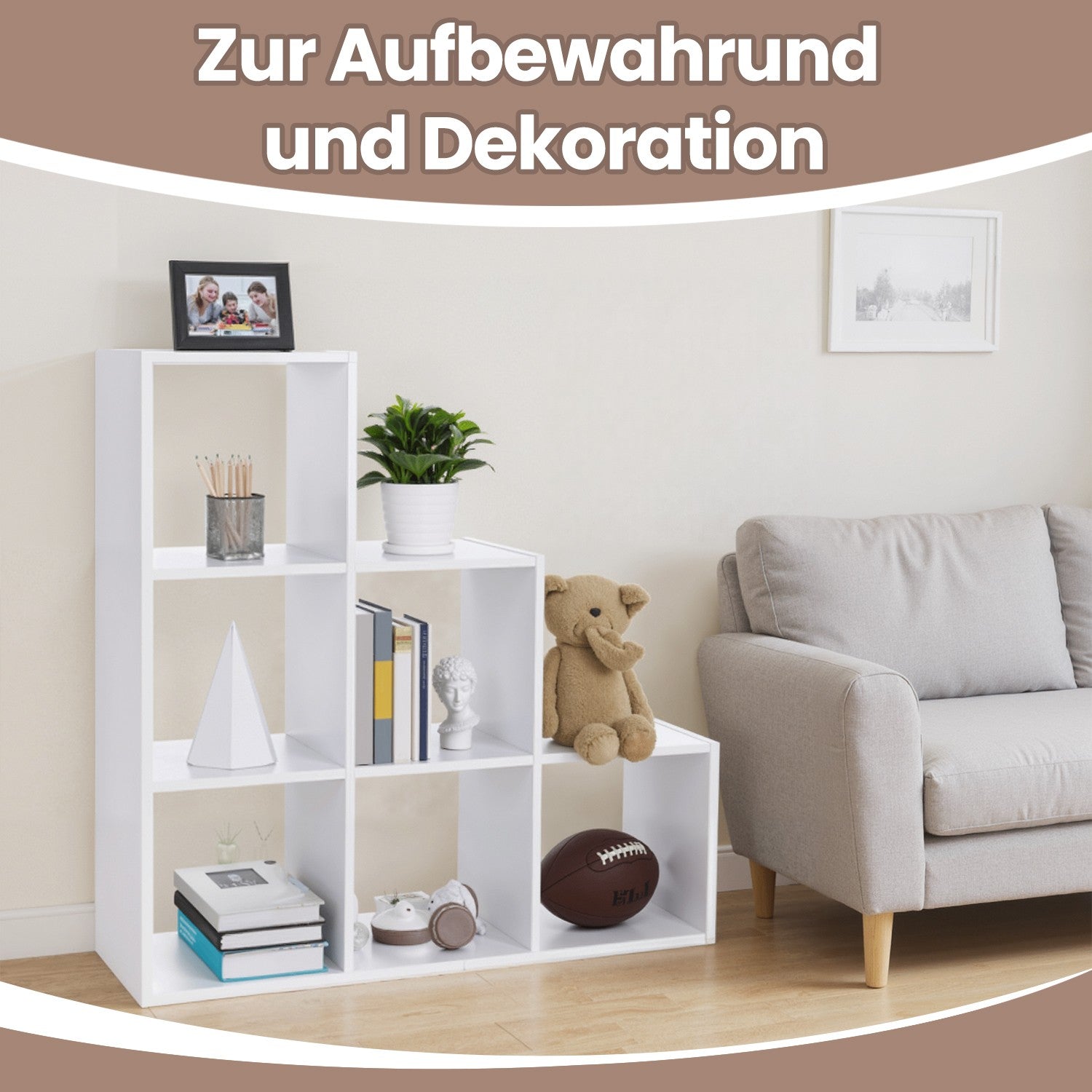 Bookcase with 6 compartments, open plank, boarding board