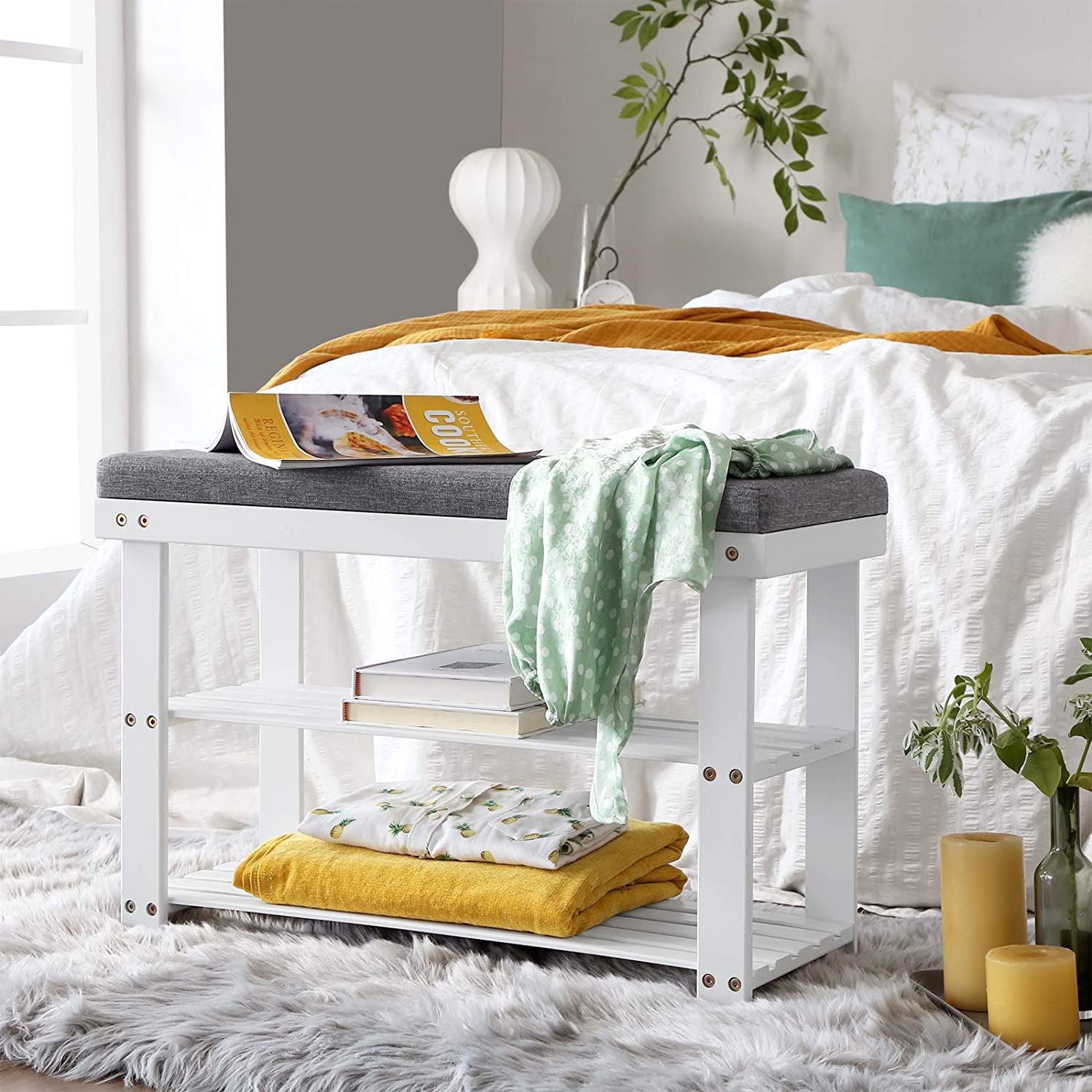 Bamboo Shoe Bank - With Seat - White Gray