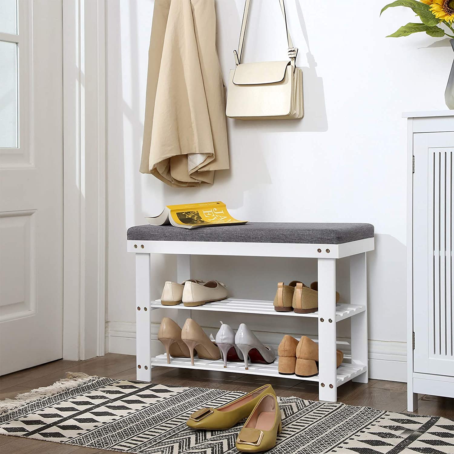 Bamboo Shoe Bank - With Seat - White Gray