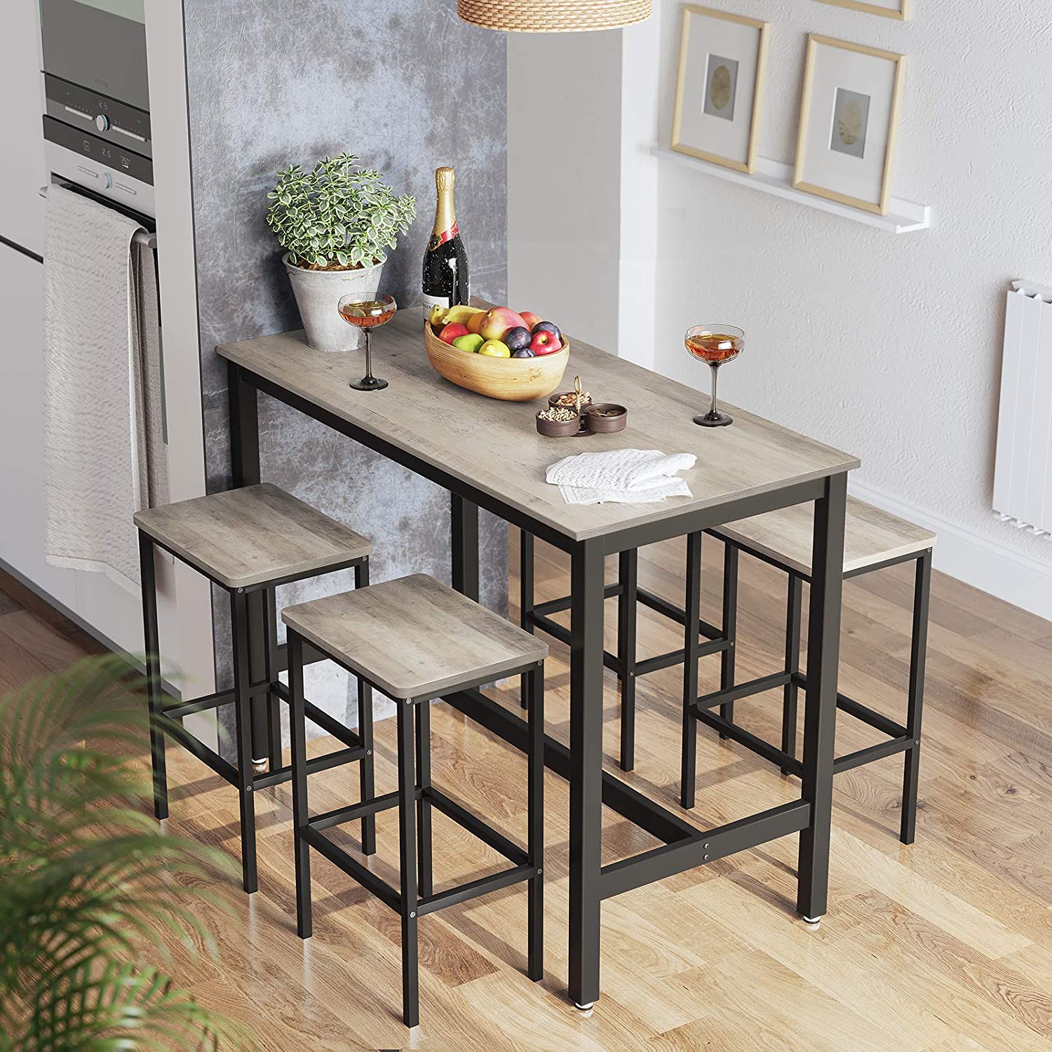 Bar table - High kitchen table with 2 bar stools - Metal frame - Gray/black