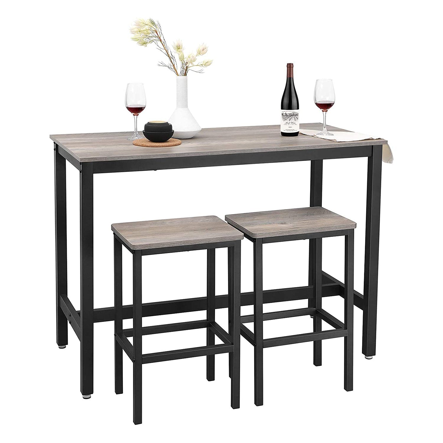 Bar table - High kitchen table with 2 bar stools - Metal frame - Gray/black