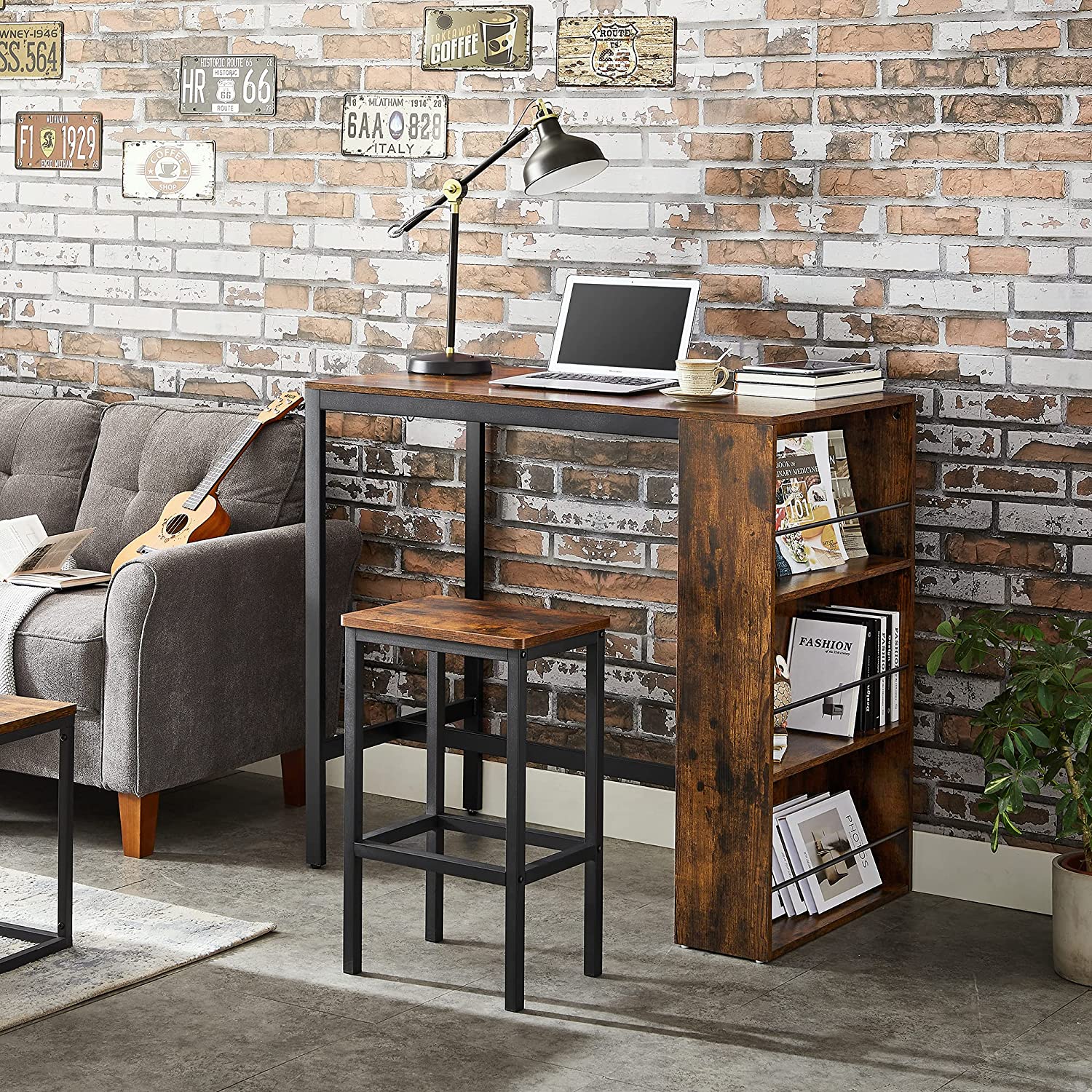 Bar table - kitchen table - dining table - with 3 open compartments - 110 x 60 x 100 cm - brown