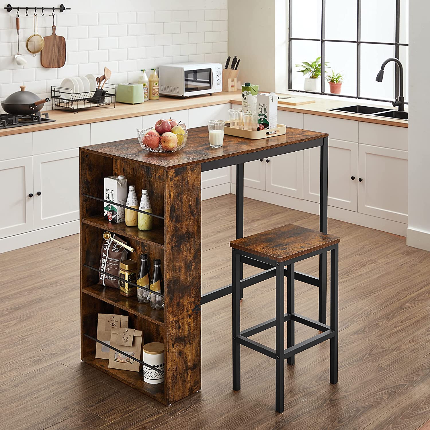 Bar table - kitchen table - dining table - with 3 open compartments - 110 x 60 x 100 cm - brown