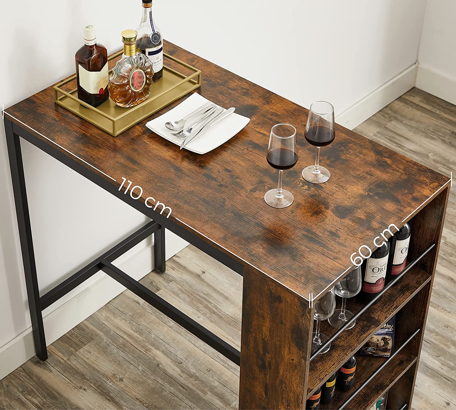 Bar table - kitchen table - dining table - with 3 open compartments - 110 x 60 x 100 cm - brown