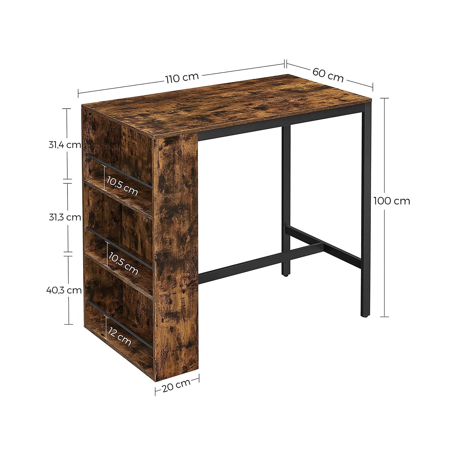 Bar table - kitchen table - dining table - with 3 open compartments - 110 x 60 x 100 cm - brown