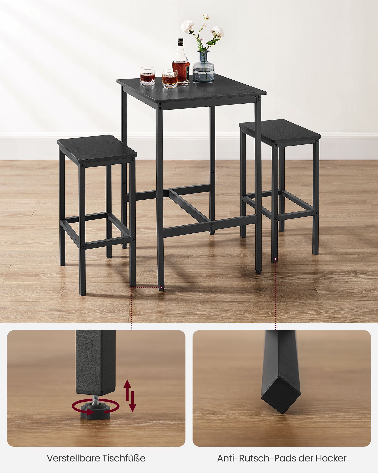 Bar table with 2 chairs-kitchen-ebony black-ink black