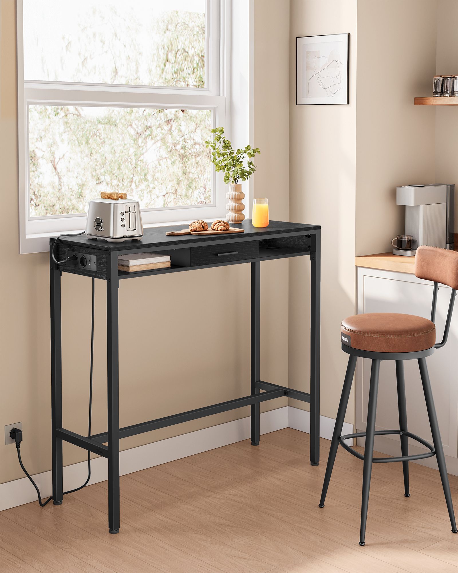 Bar table with charging station and drawer in Ebony Black