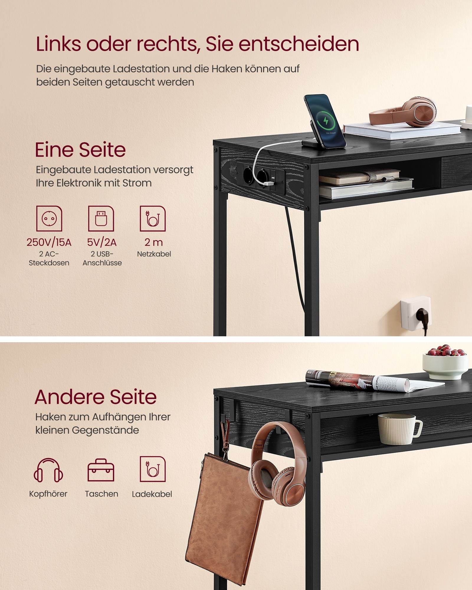 Bar table with charging station and drawer in Ebony Black