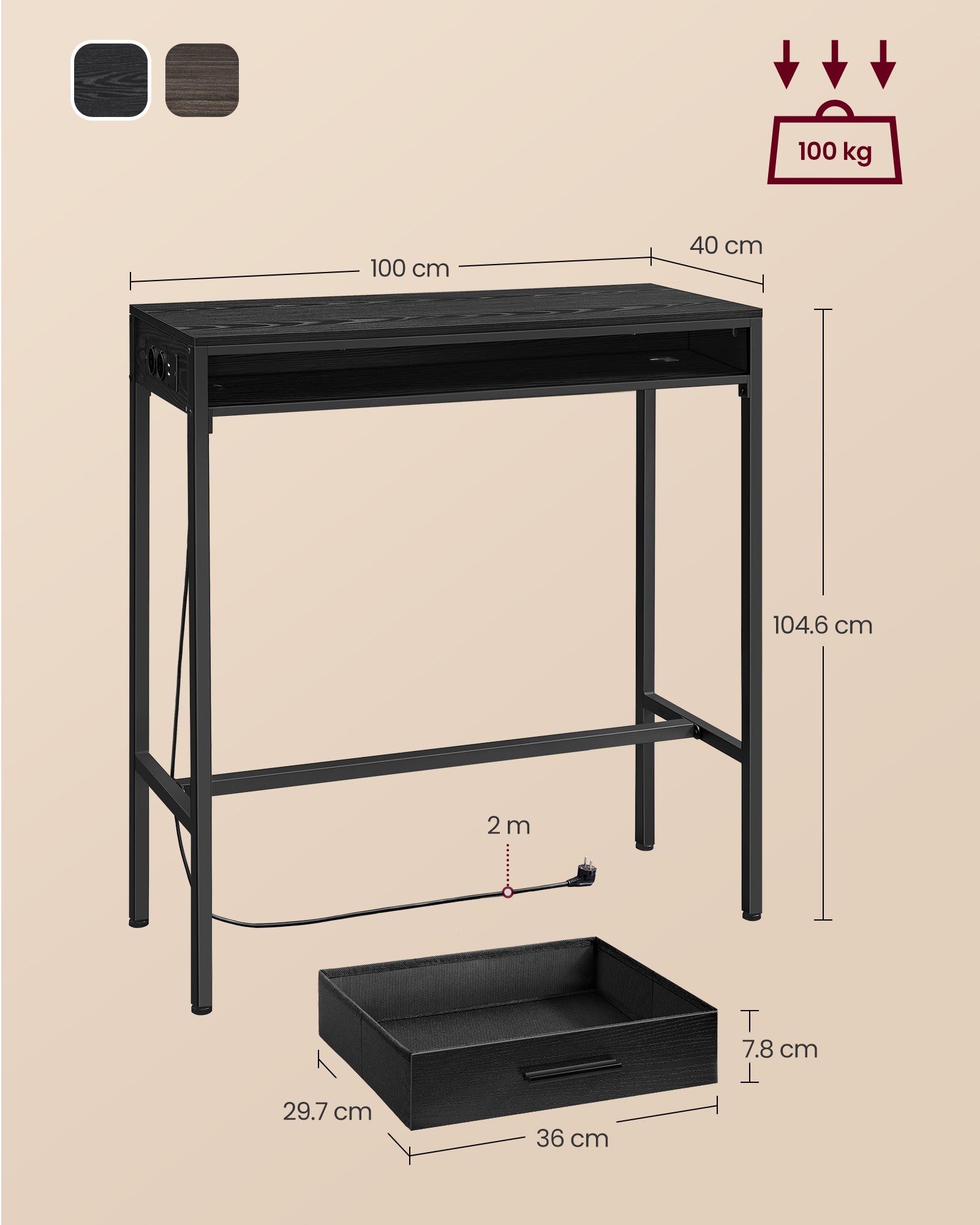 Bar table with charging station and drawer in Ebony Black