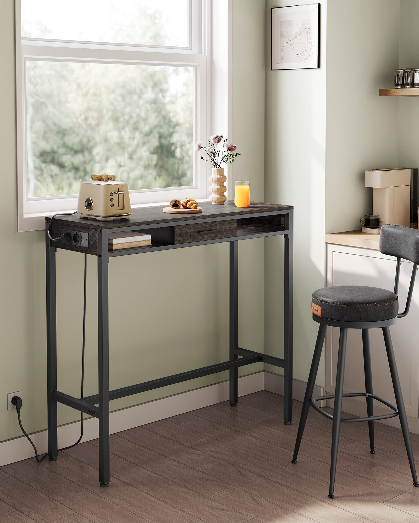 Bar table with charging station and drawer 40 x 99.8 x 104.6 cm