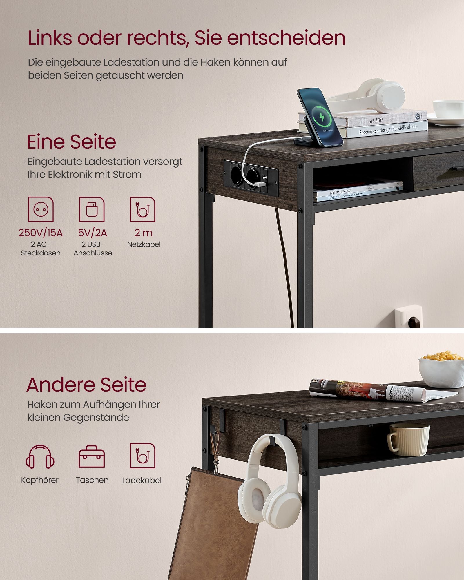 Bar table with charging station and drawer 40 x 99.8 x 104.6 cm