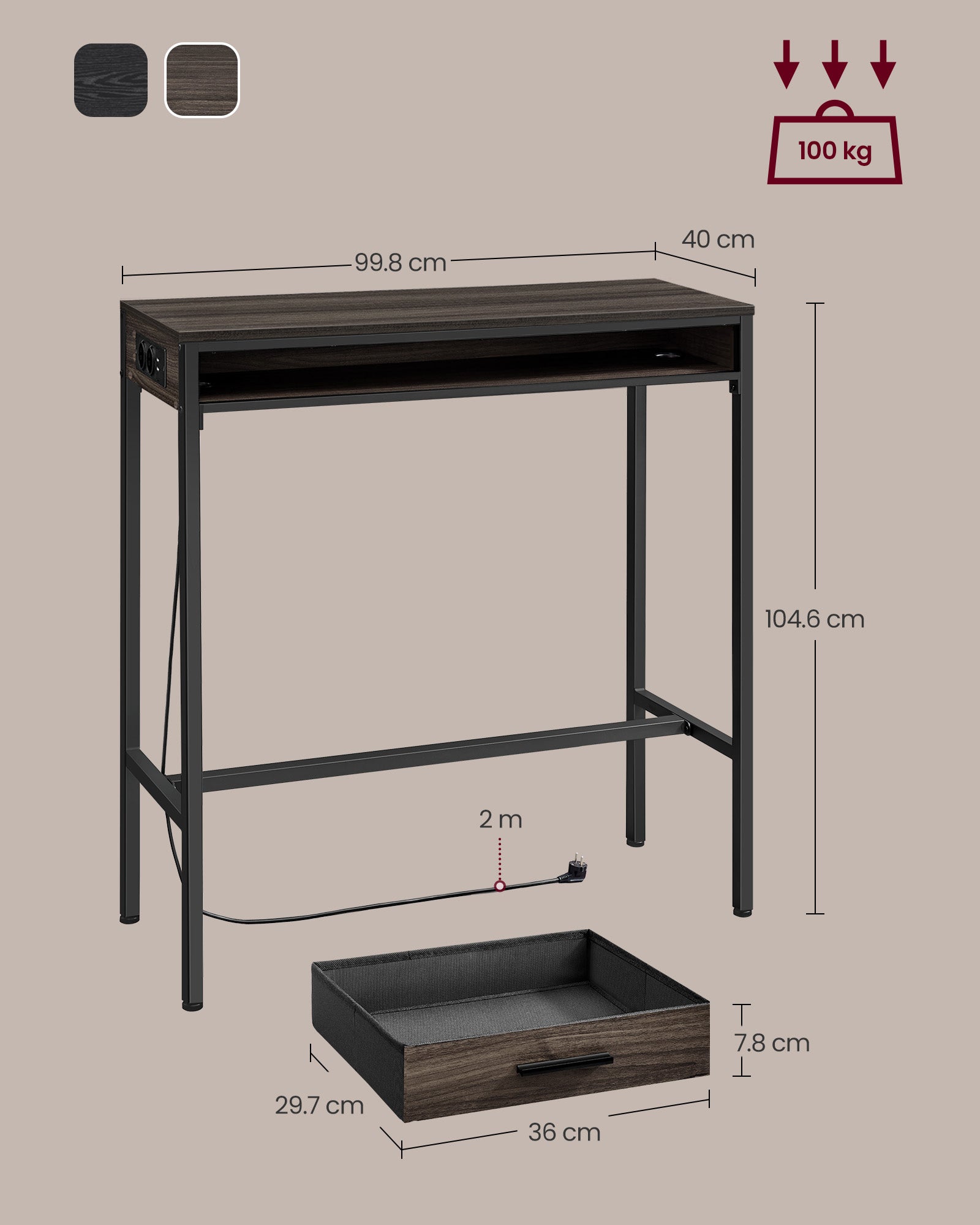 Bar table with charging station and drawer 40 x 99.8 x 104.6 cm