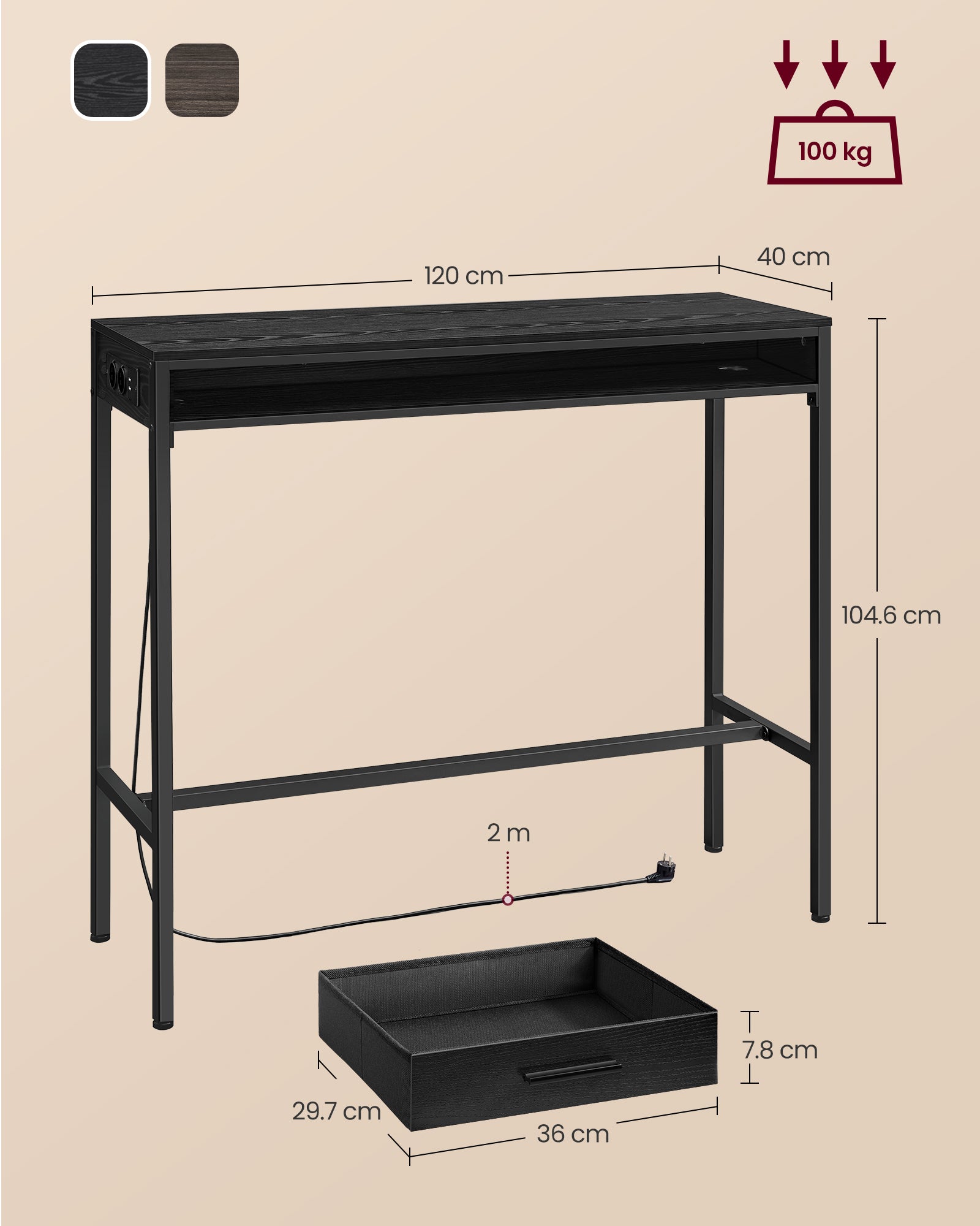 Bar table with drawer 40 x 120 x 104.6 cm ebony black