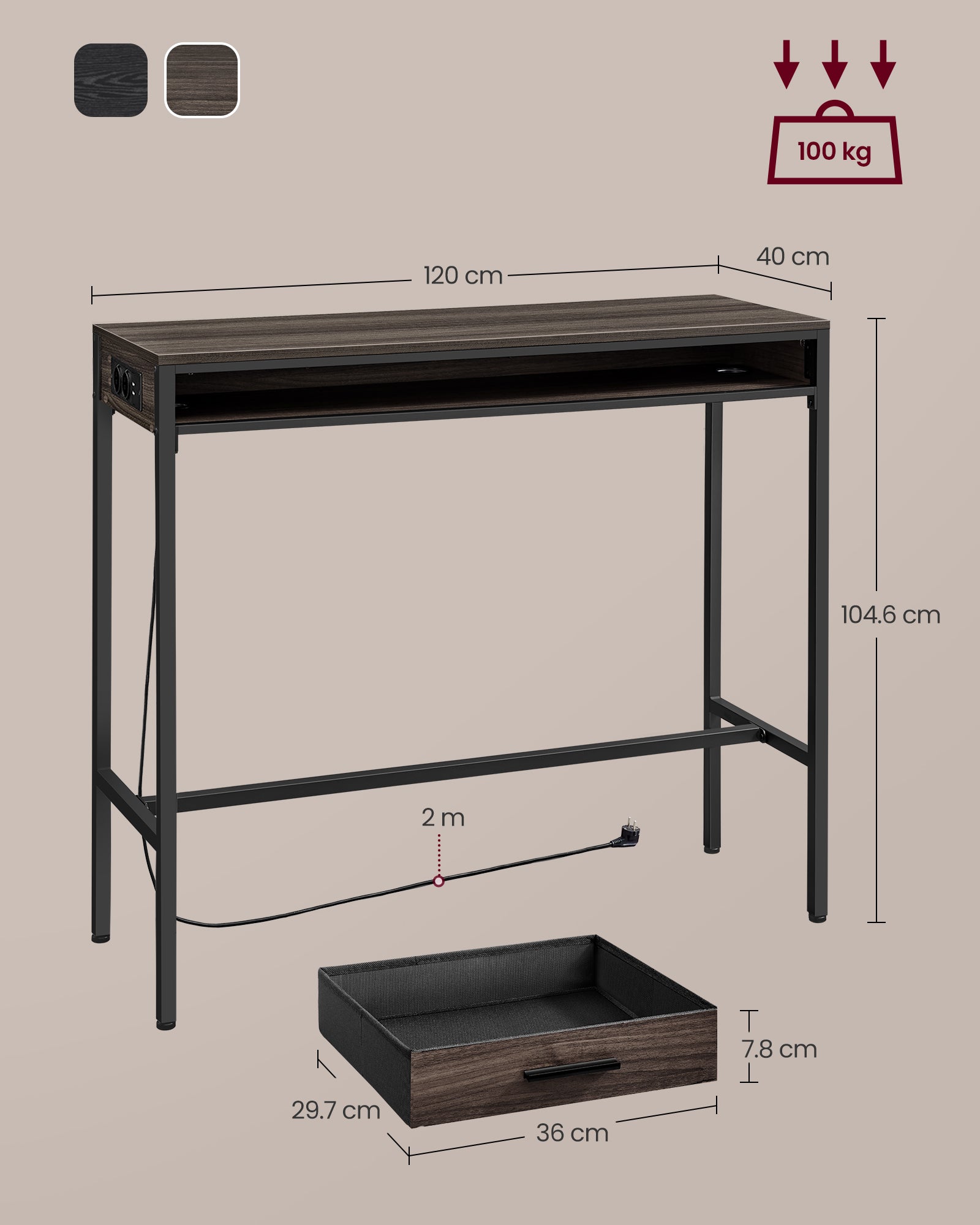Bar table with drawer 40 x 120 x 104.6 cm ash brown