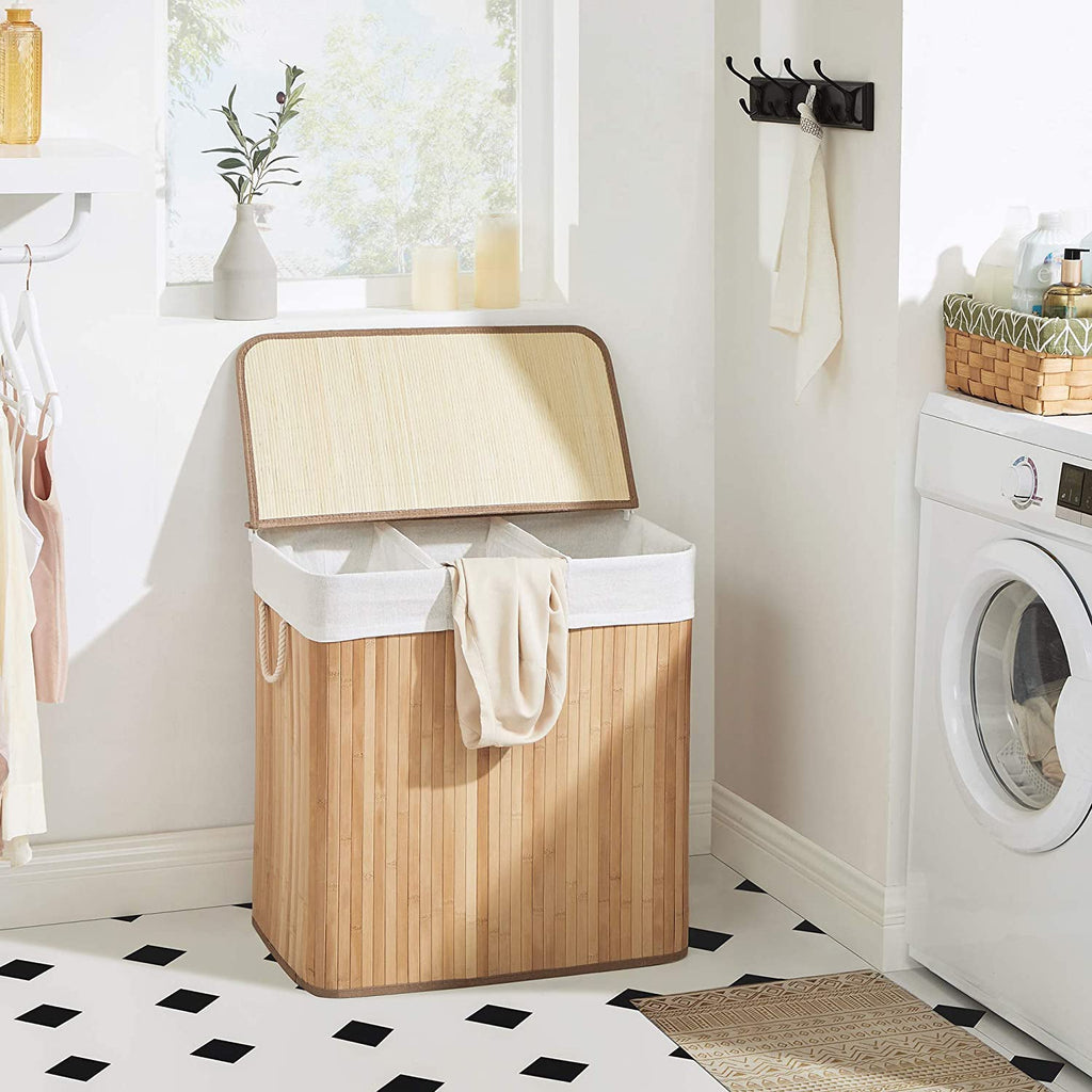 Laundry basket - with 3 compartments - removable bags - natural