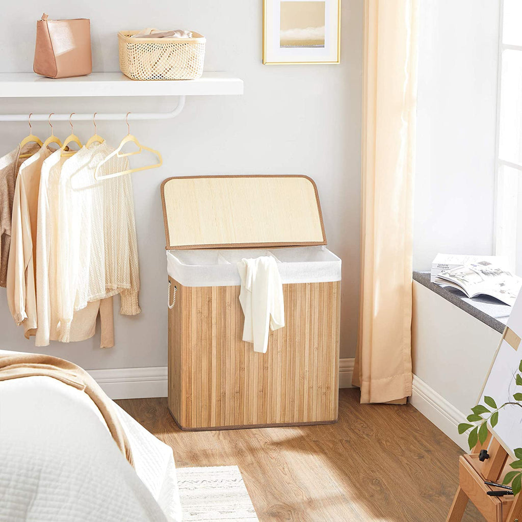 Laundry basket - with 3 compartments - removable bags - natural