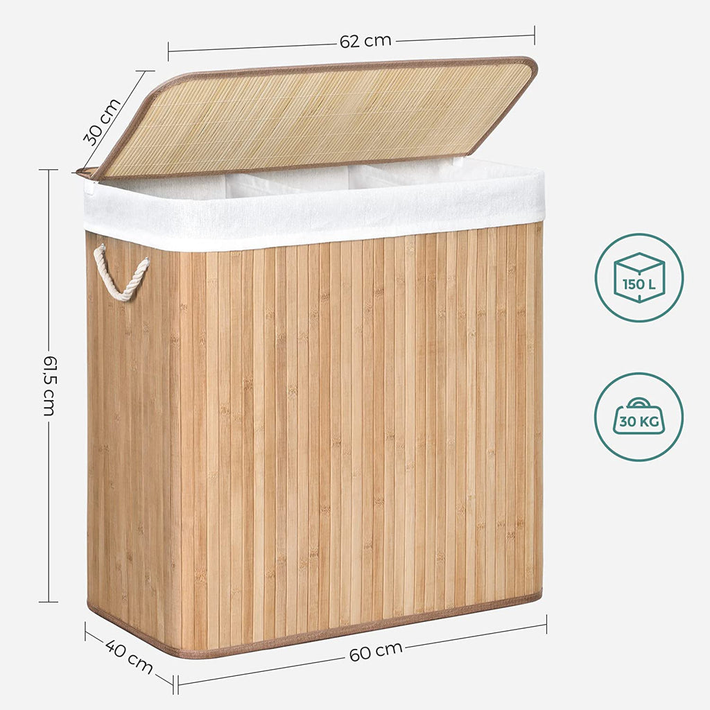 Laundry basket - with 3 compartments - removable bags - natural