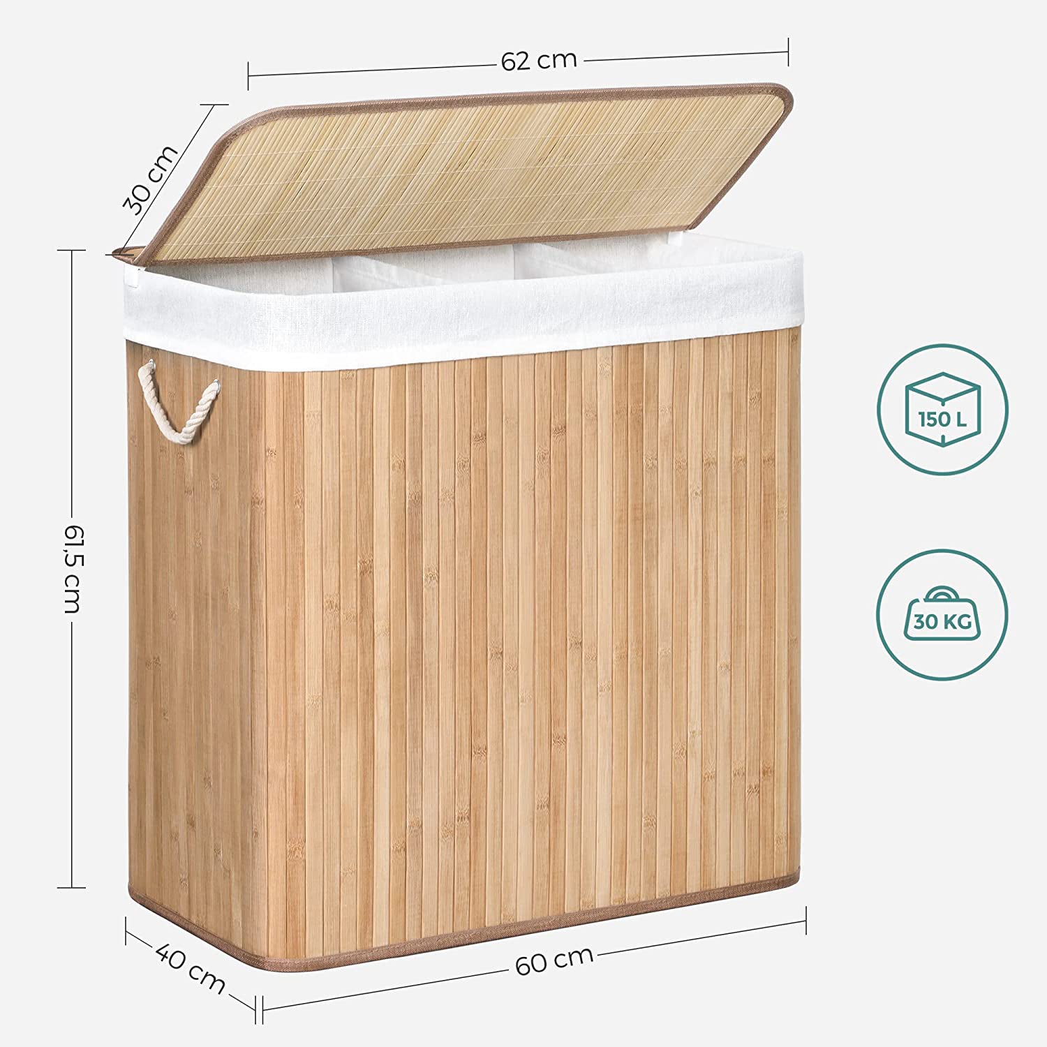Laundry basket - with 3 compartments - removable bags - natural