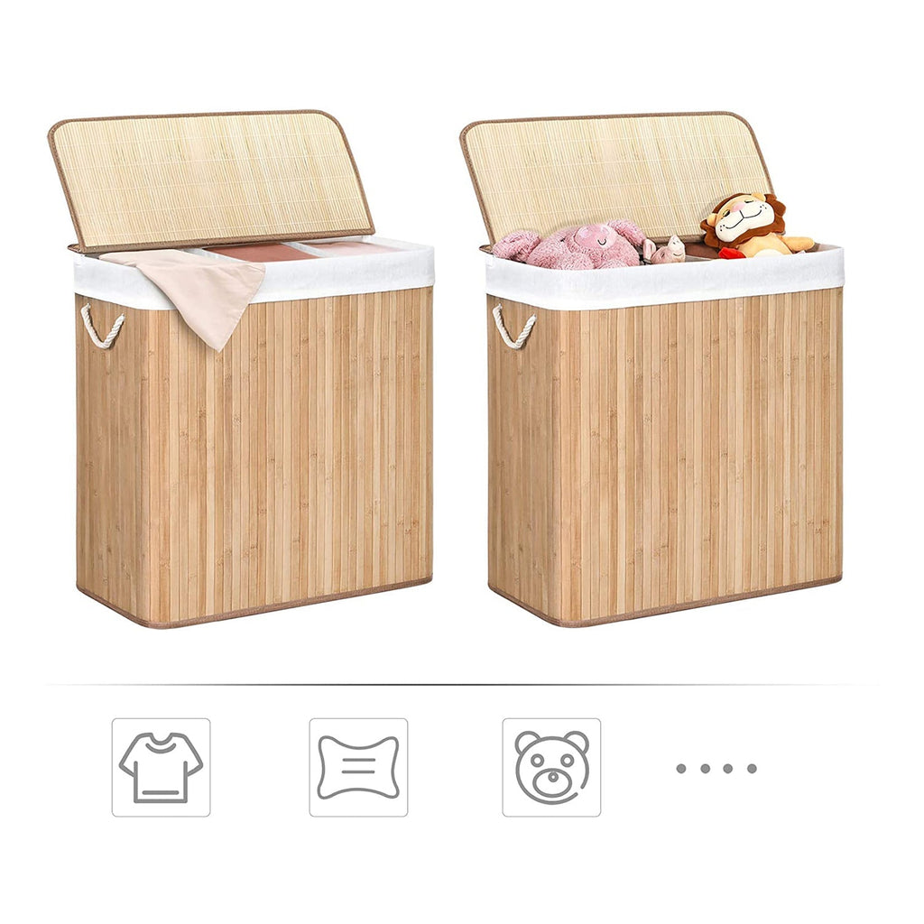Laundry basket - with 3 compartments - removable bags - natural