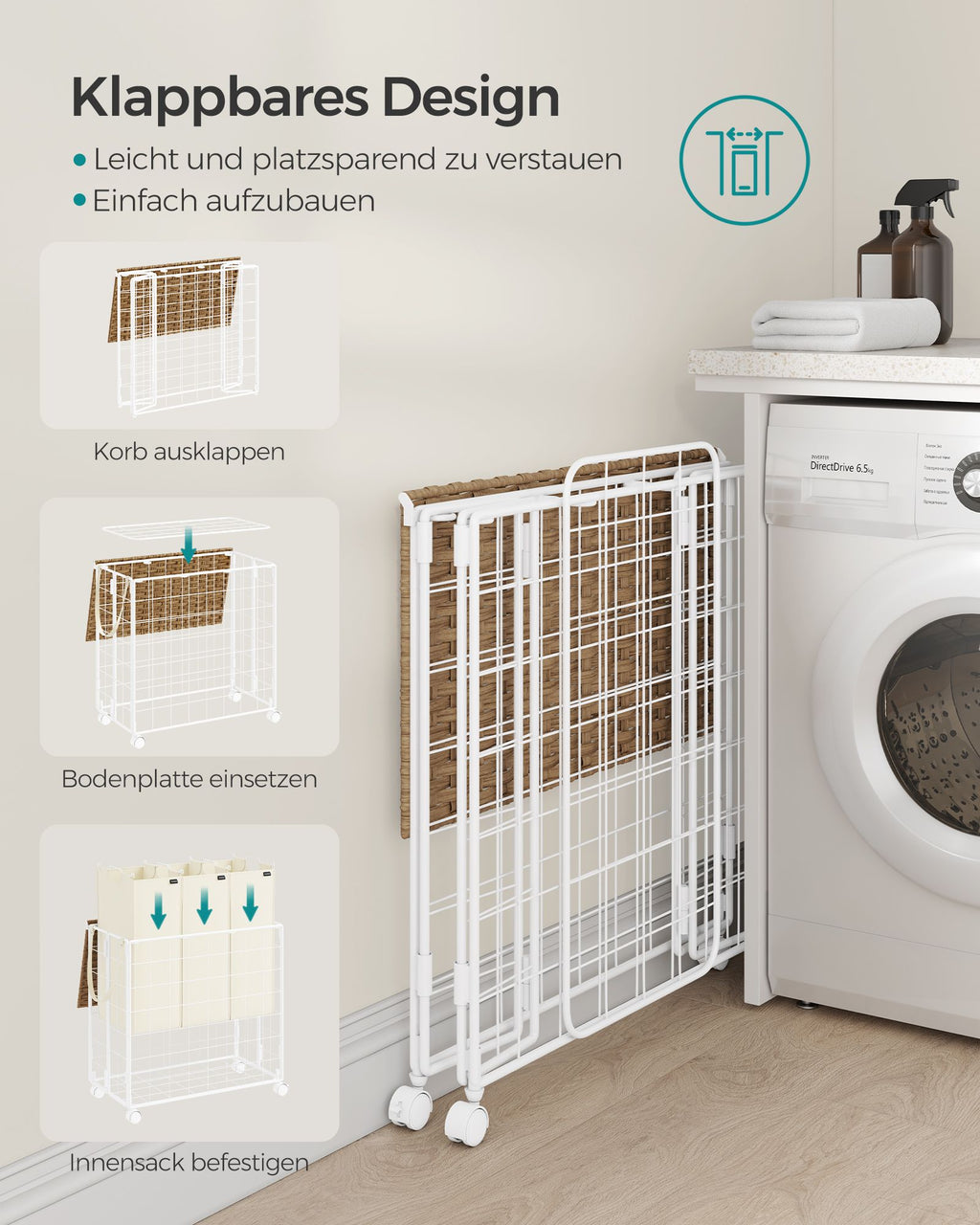 Laundry basket on wheels Natural Beige-Crème White