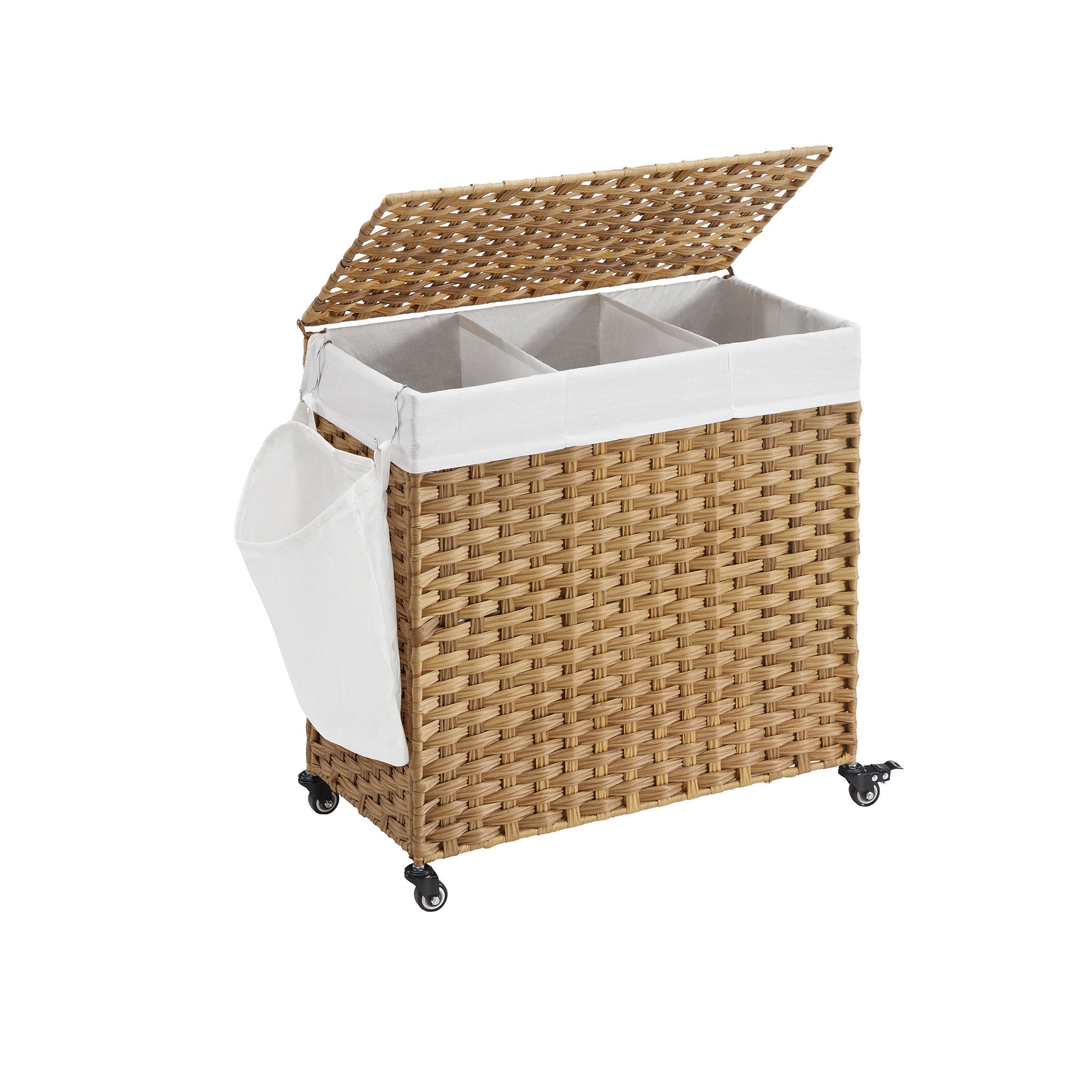 Laundry basket - with 3 compartments - on wheels - 140 l - Hand -woven - Brown