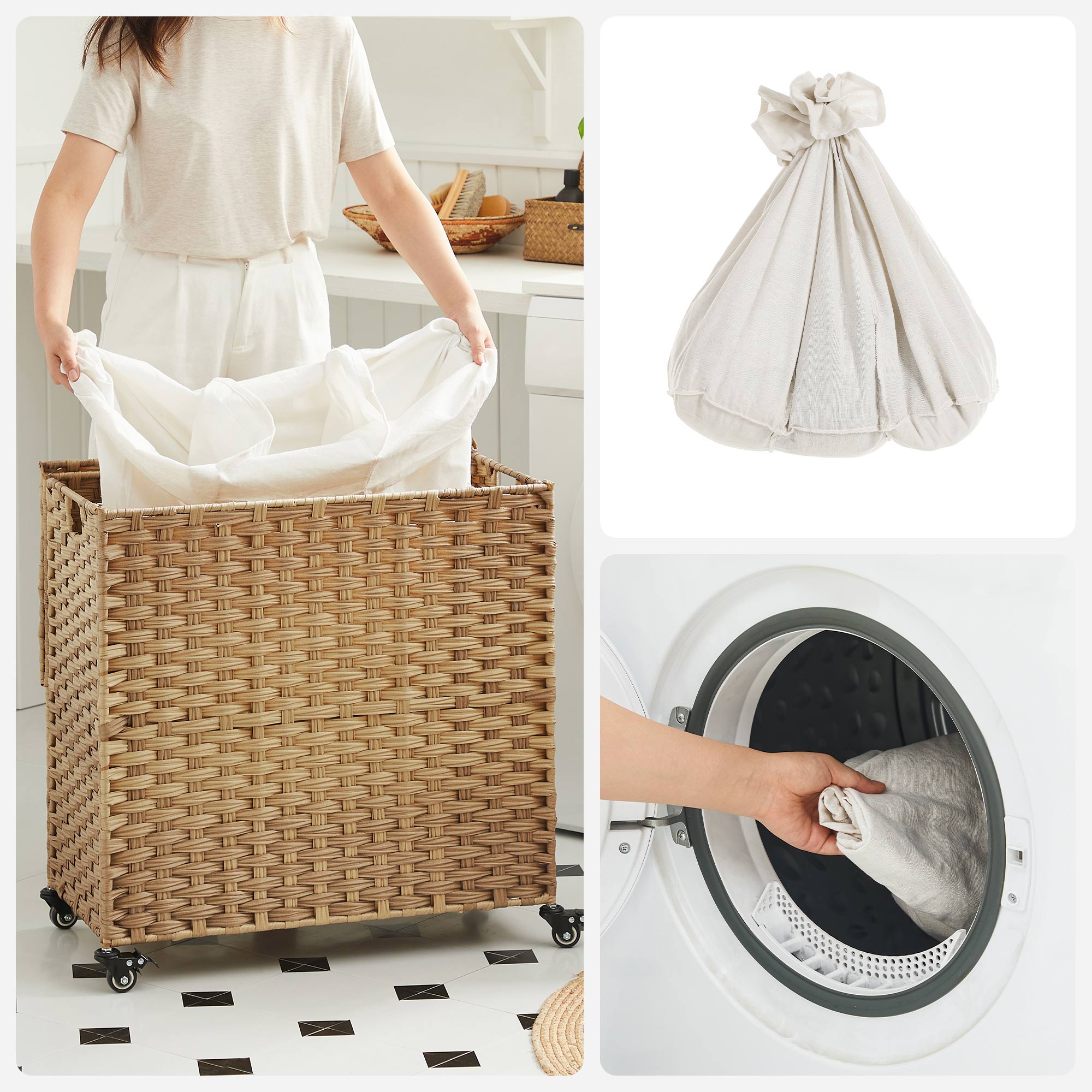 Laundry basket - with 3 compartments - on wheels - 140 l - Hand -woven - Brown
