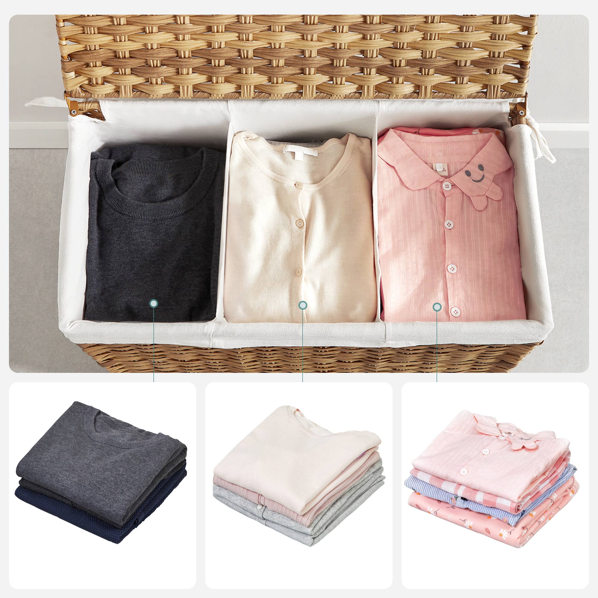 Laundry basket - with 3 compartments - on wheels - 140 l - Hand -woven - Brown