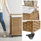Laundry basket - with 3 compartments - on wheels - 140 l - Hand -woven - Brown