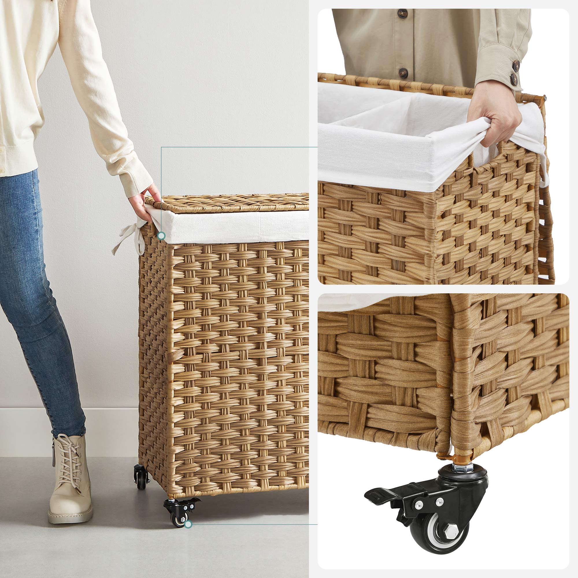 Laundry basket - with 3 compartments - on wheels - 140 l - Hand -woven - Brown