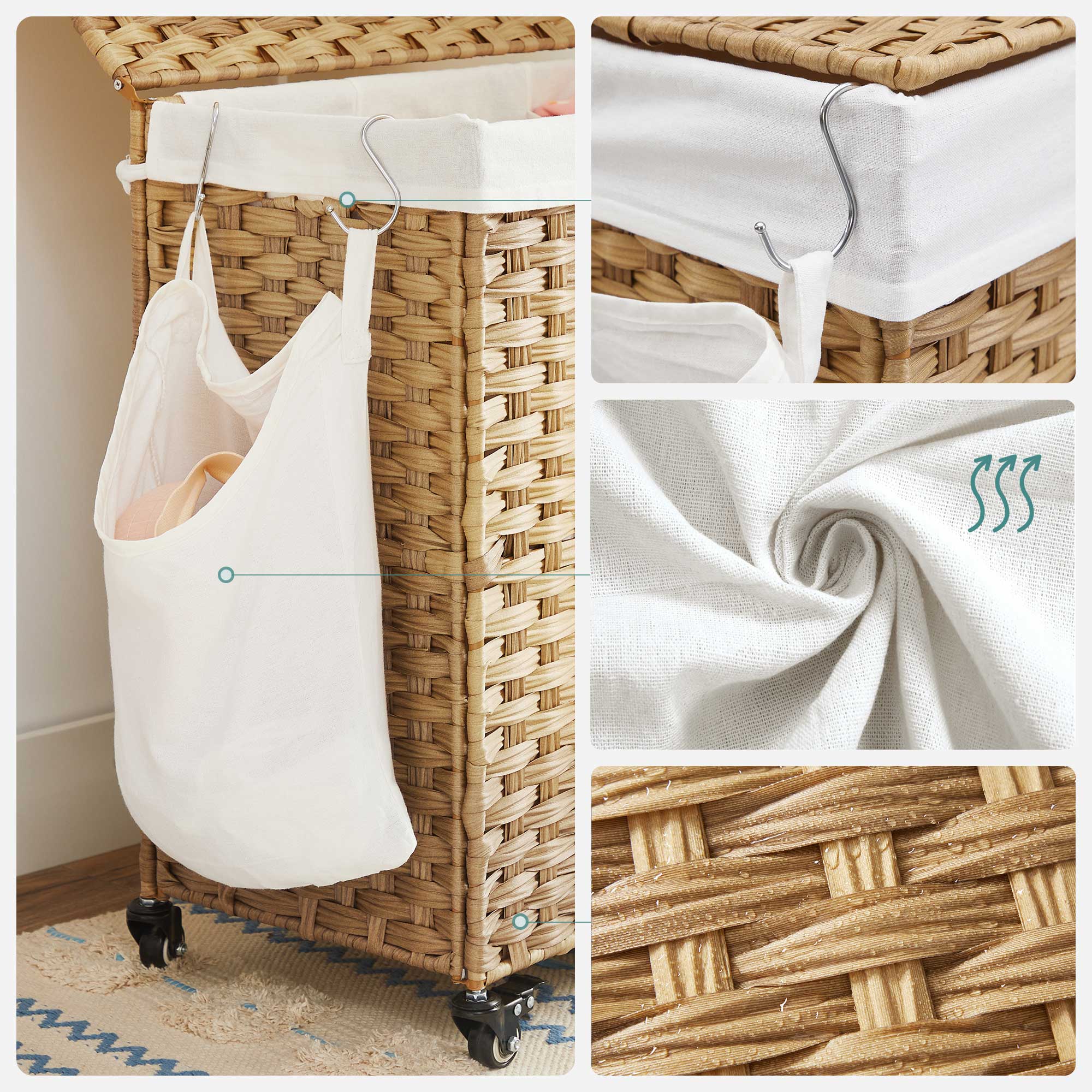 Laundry basket - with 3 compartments - on wheels - 140 l - Hand -woven - Brown