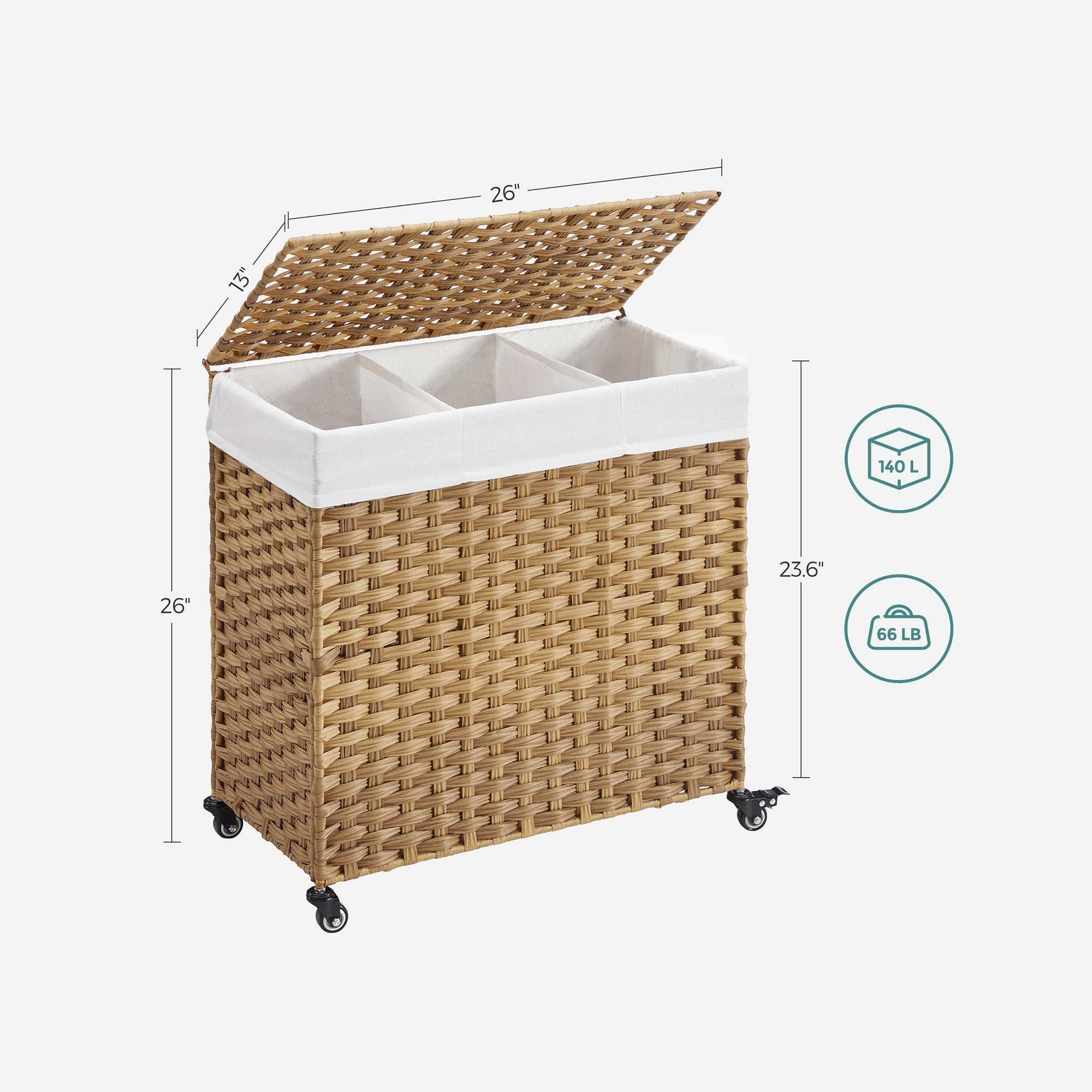 Laundry basket - with 3 compartments - on wheels - 140 l - Hand -woven - Brown