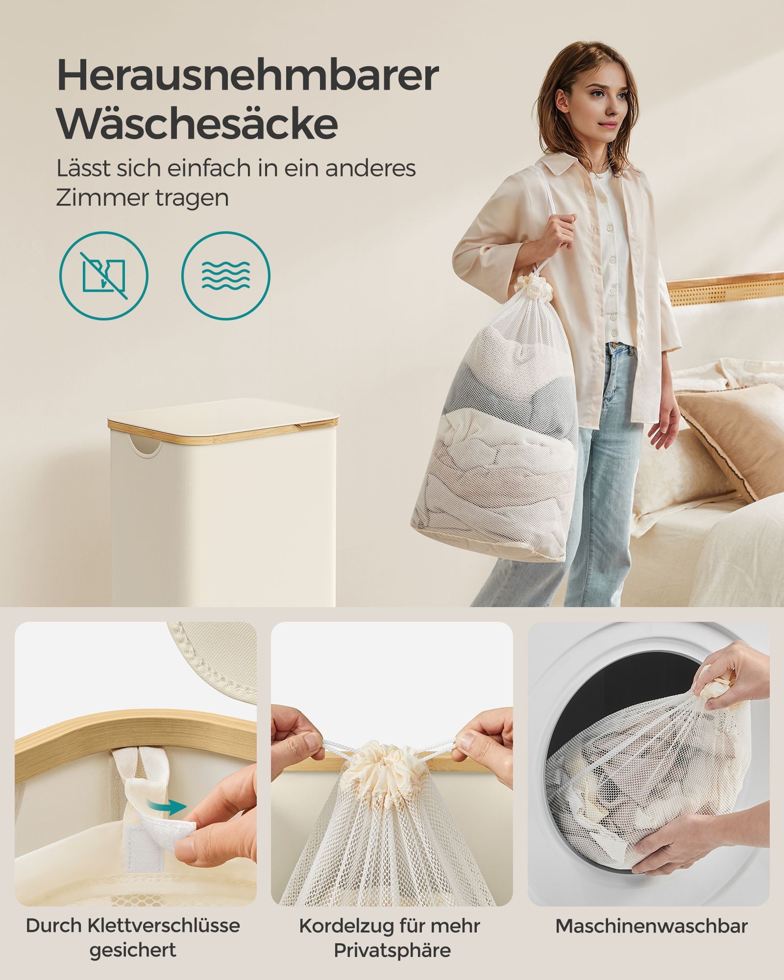 Laundry basket 90 liters with removable laundry bag cream white
