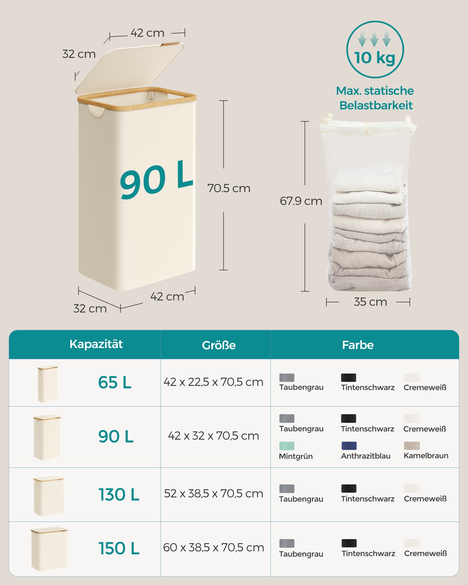 Laundry basket 90 liters with removable laundry bag cream white