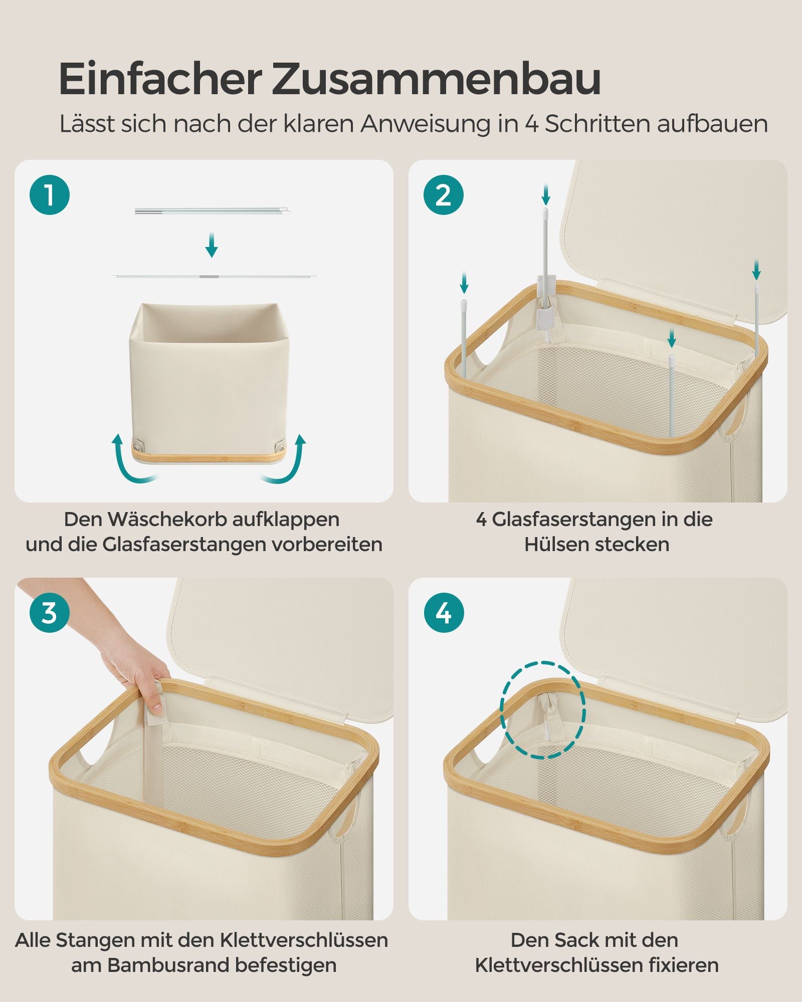 Laundry basket 90 liters with removable laundry bag cream white