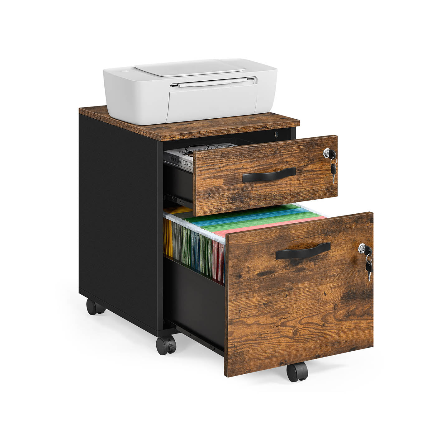 Lockable roll container with 2 drawers and 5 wheels