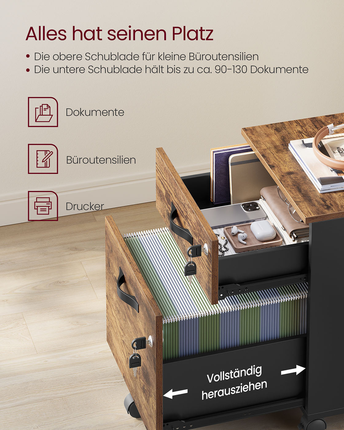 Lockable roll container with 2 drawers and 5 wheels