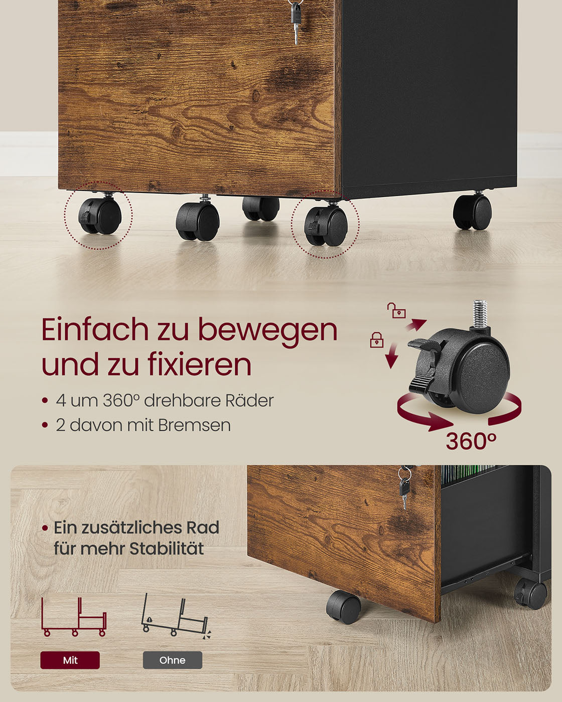 Lockable roll container with 2 drawers and 5 wheels