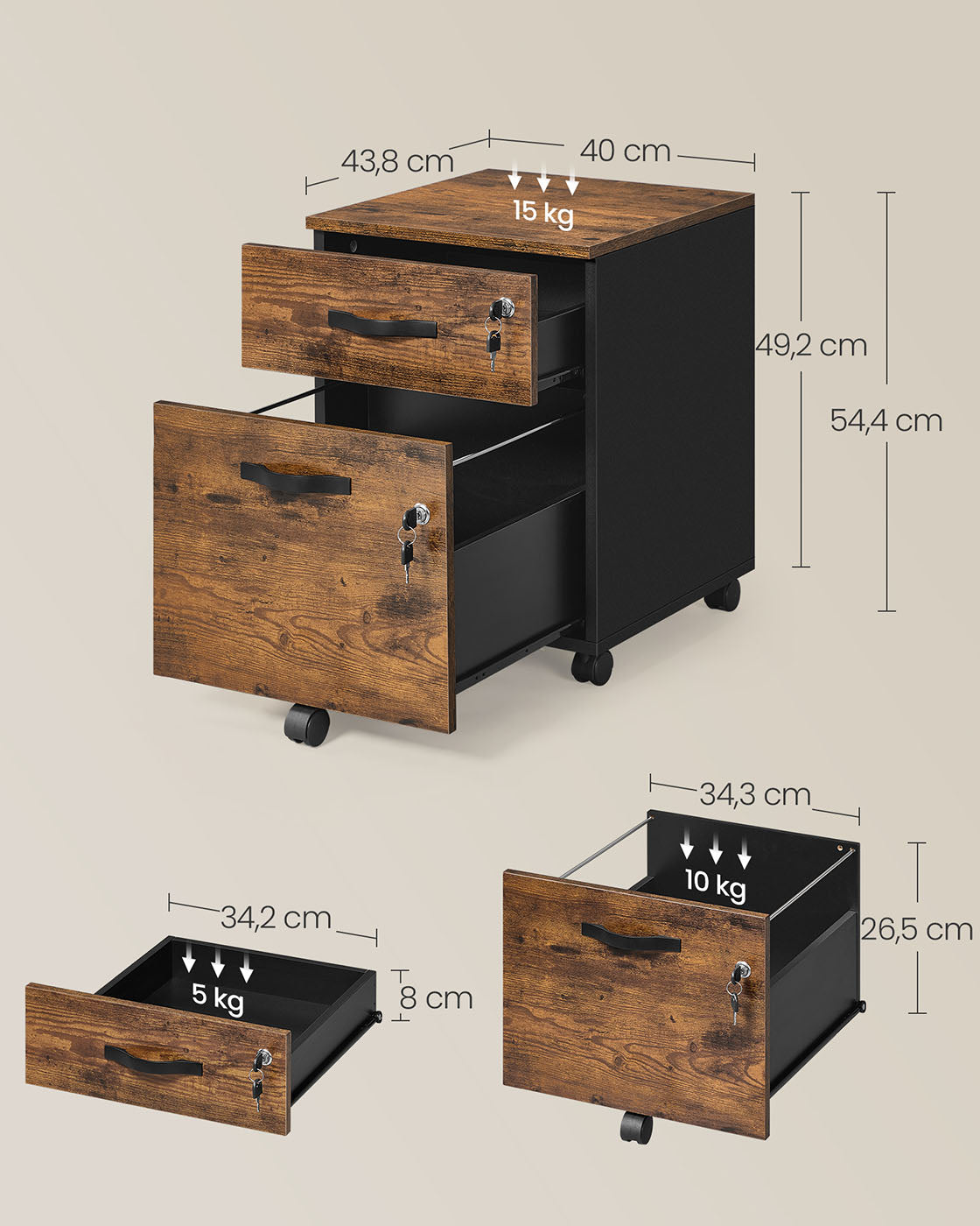 Lockable roll container with 2 drawers and 5 wheels