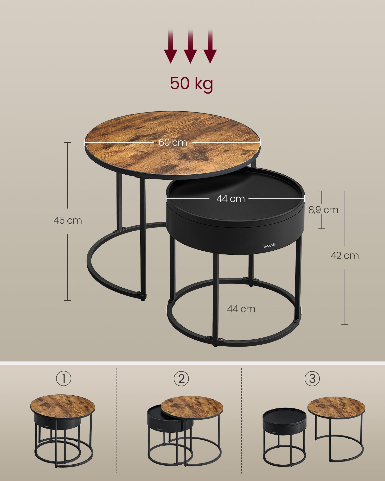 Round coffee table set of 2 vintage brown-ink black