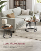 Coffee table set of 2 with steel frame in natural walnut color