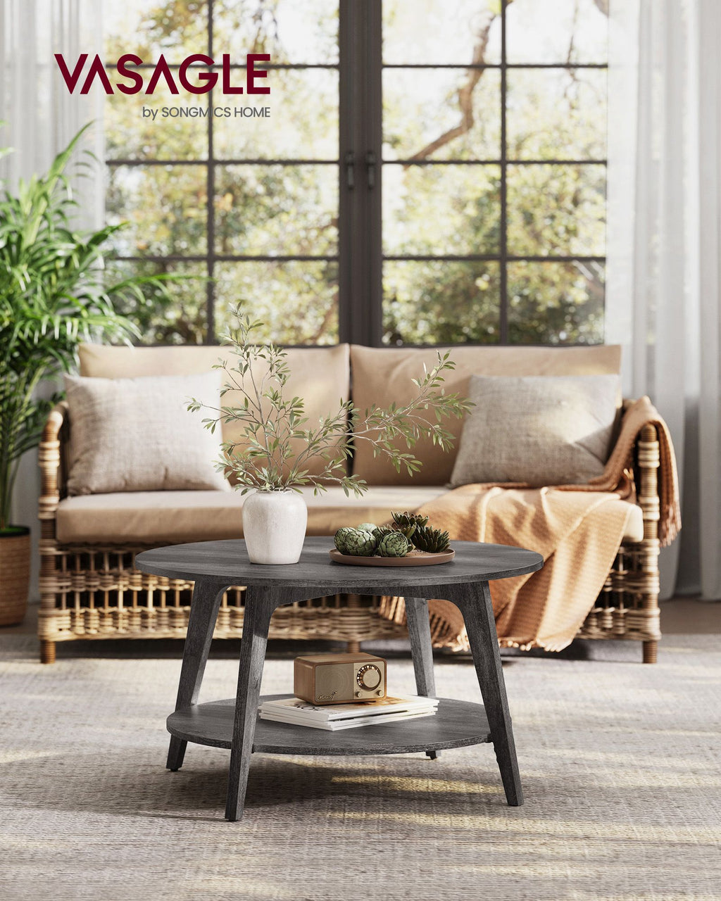 Round coffee table - 2 levels - with storage space - 80 x 45 cm - foggy gray