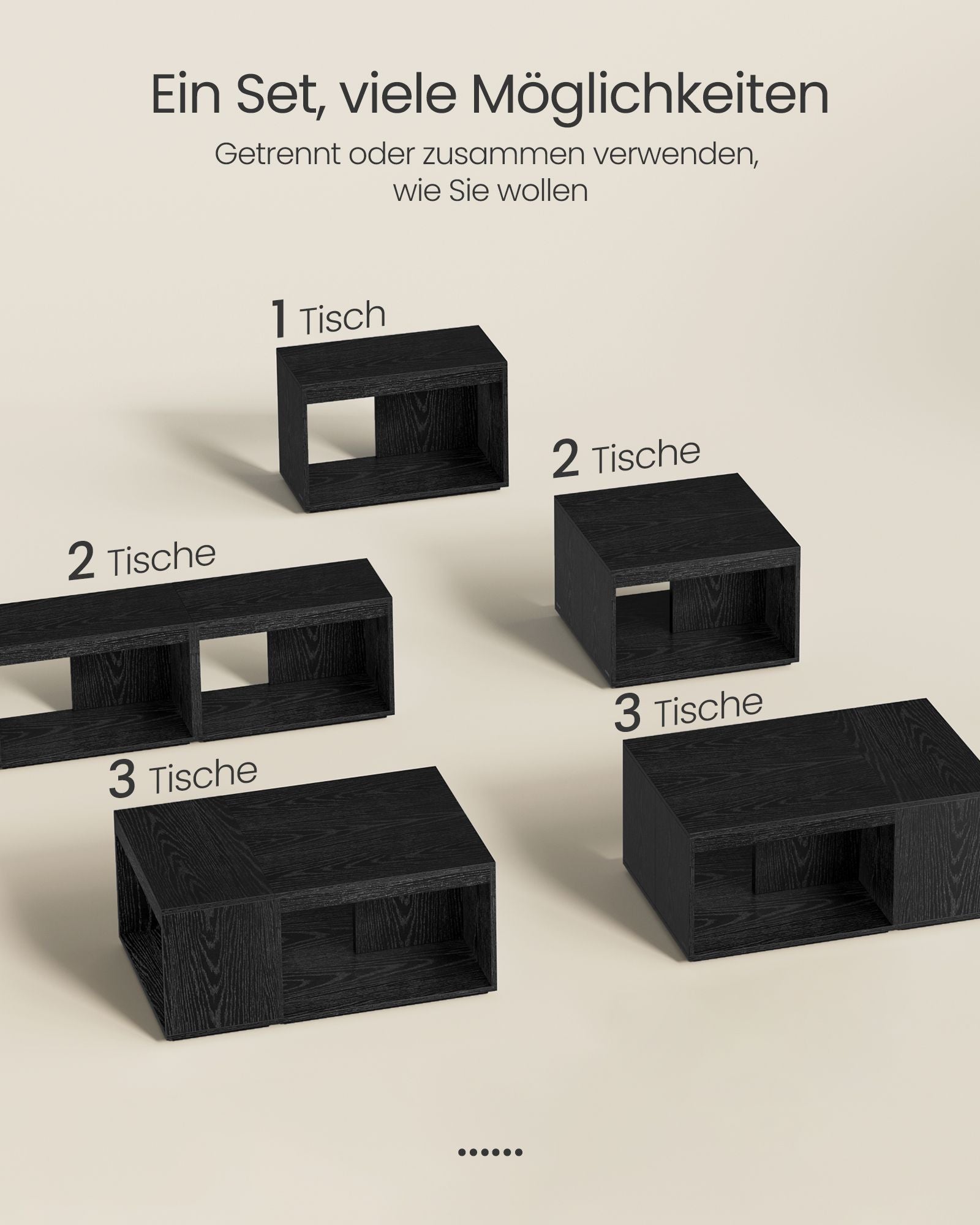 Coffee table set of 3 with storage space in Ebony Black