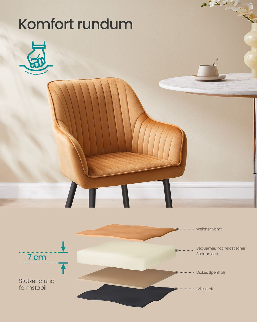 Dining room chair-with armrests, caramel brown ink black