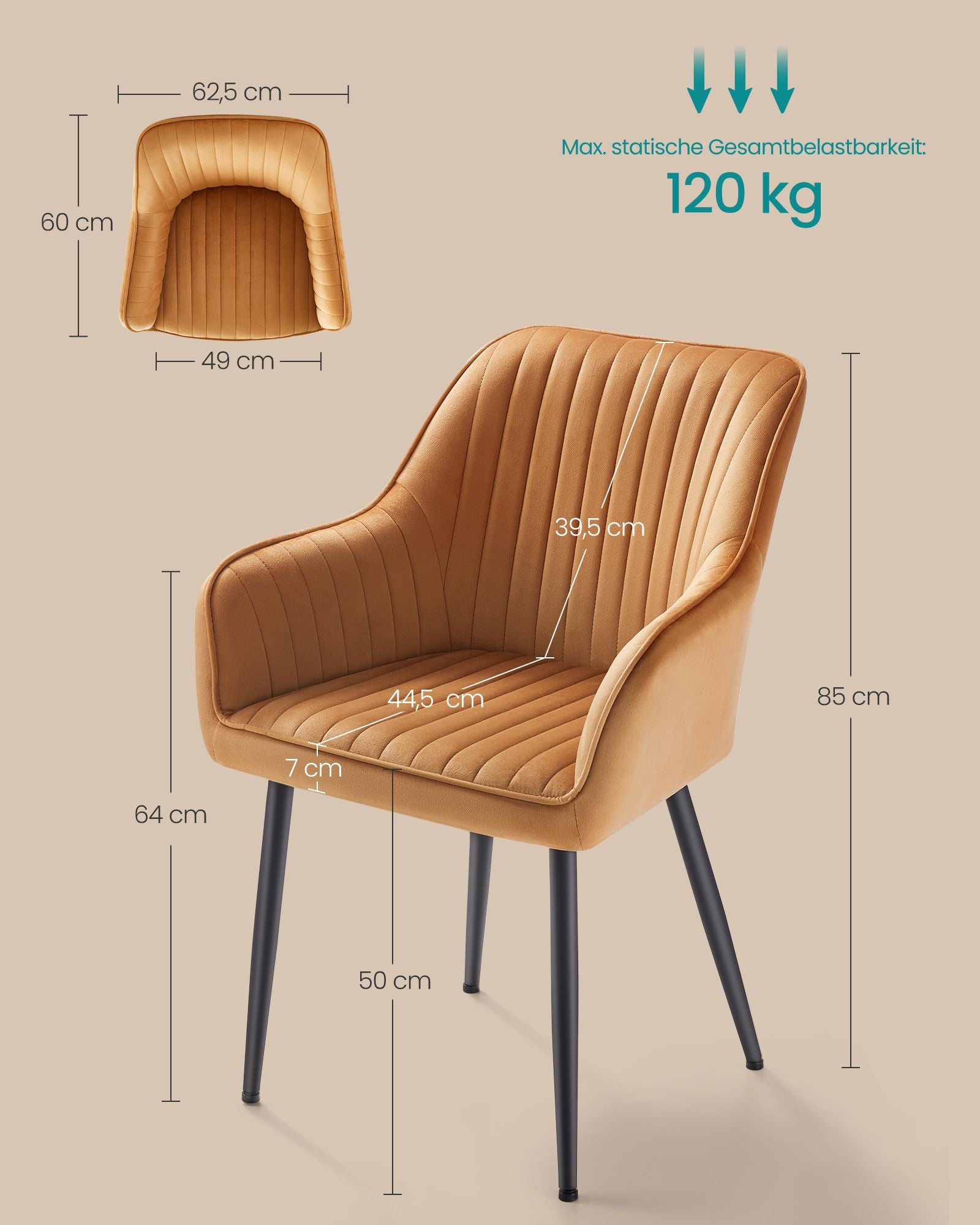Dining room chair-with armrests, caramel brown ink black