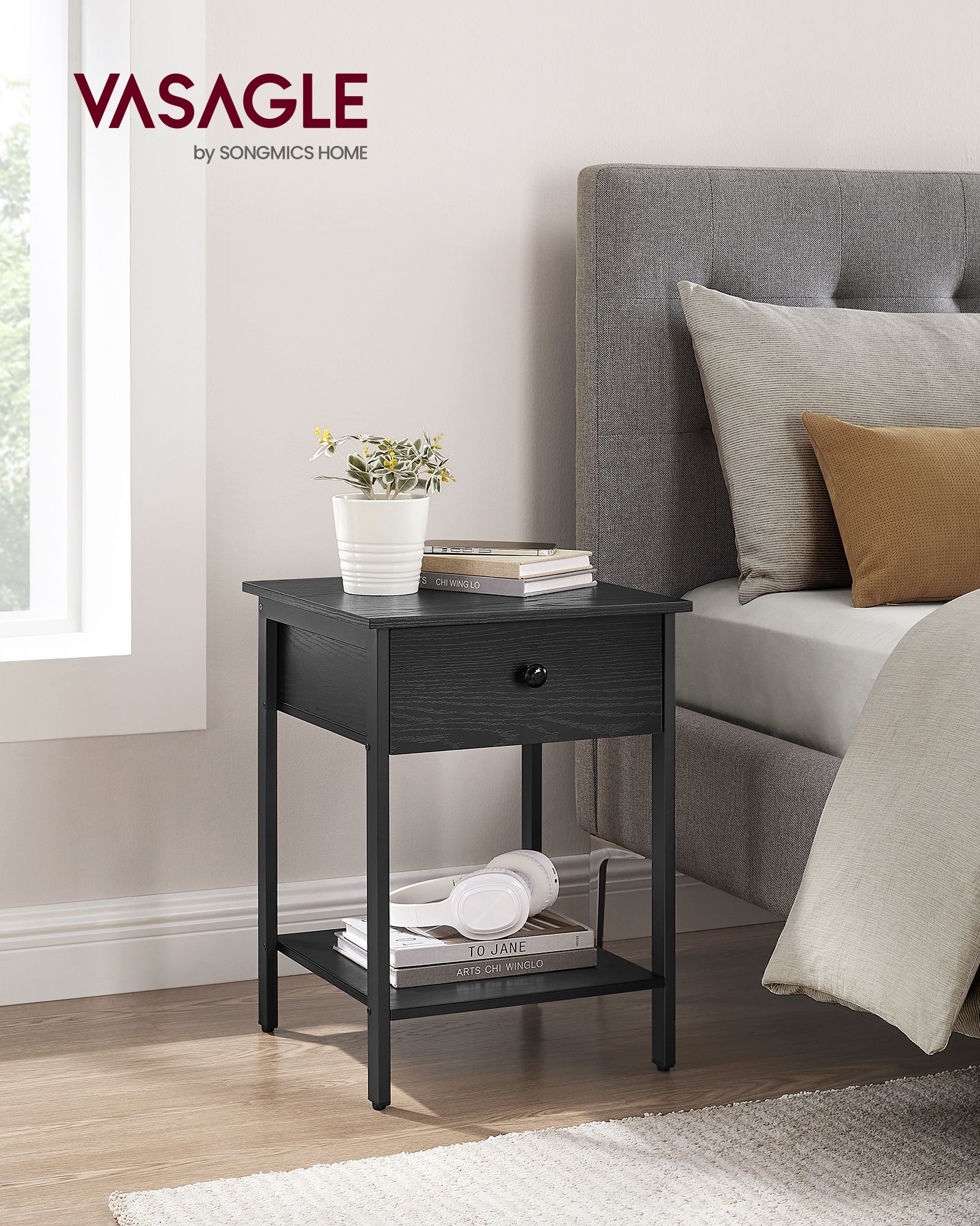 Side table - with drawer & plank - Ebony black
