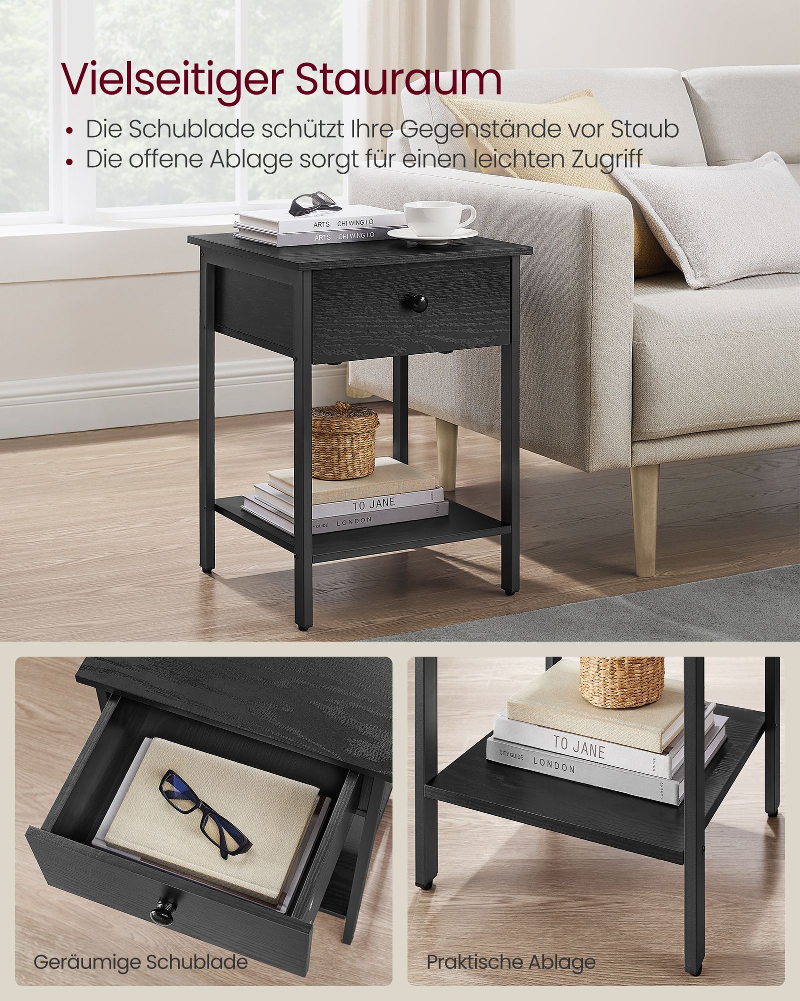 Side table - with drawer & plank - Ebony black