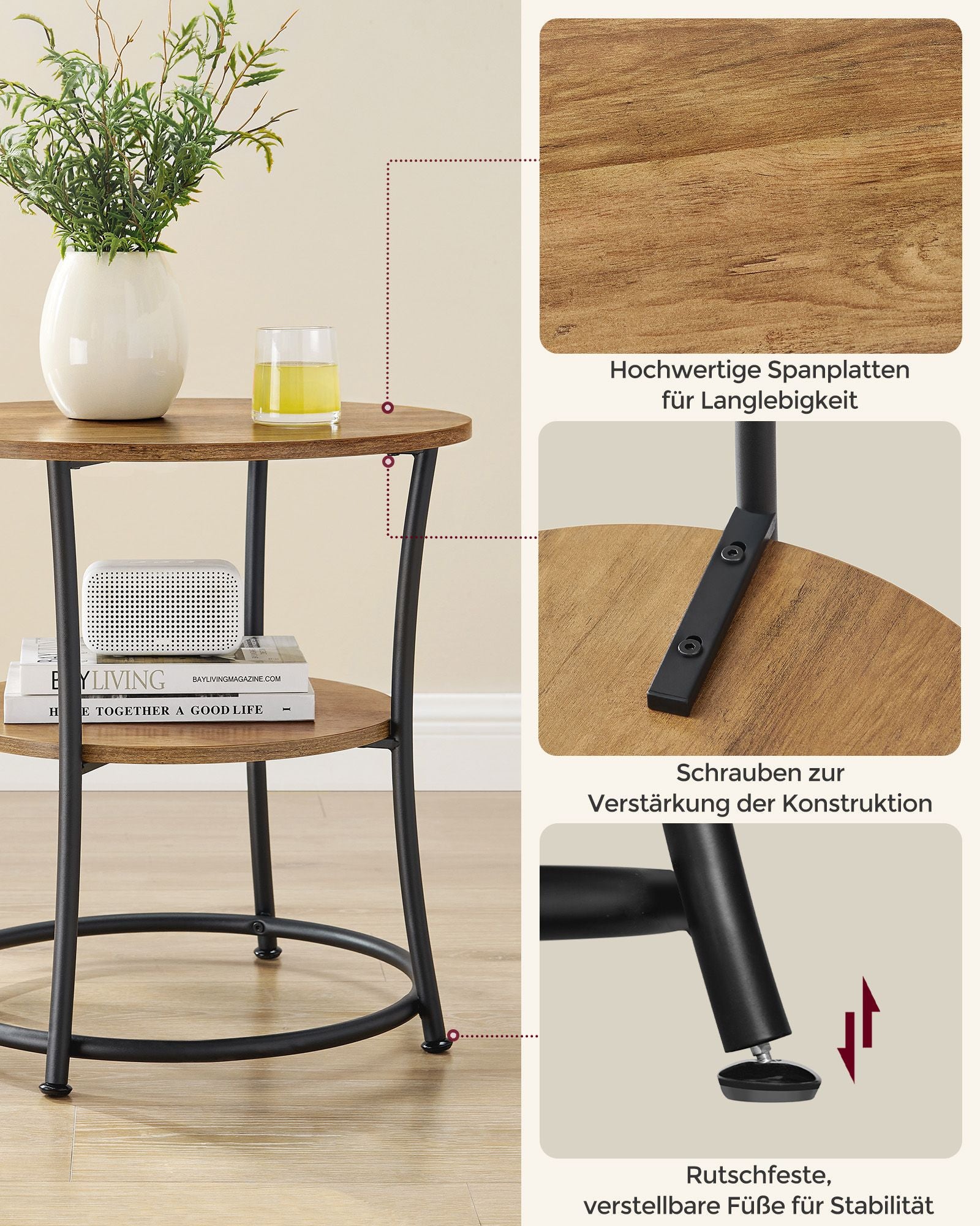 Side table with 2 shelves and steel frame