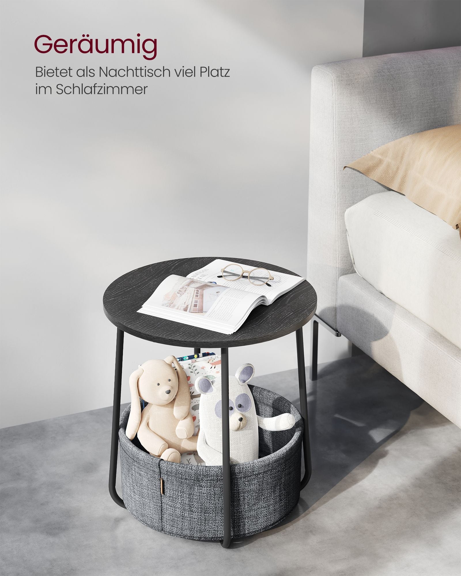 Side table-with basket-ebony black-leigh-free fabric