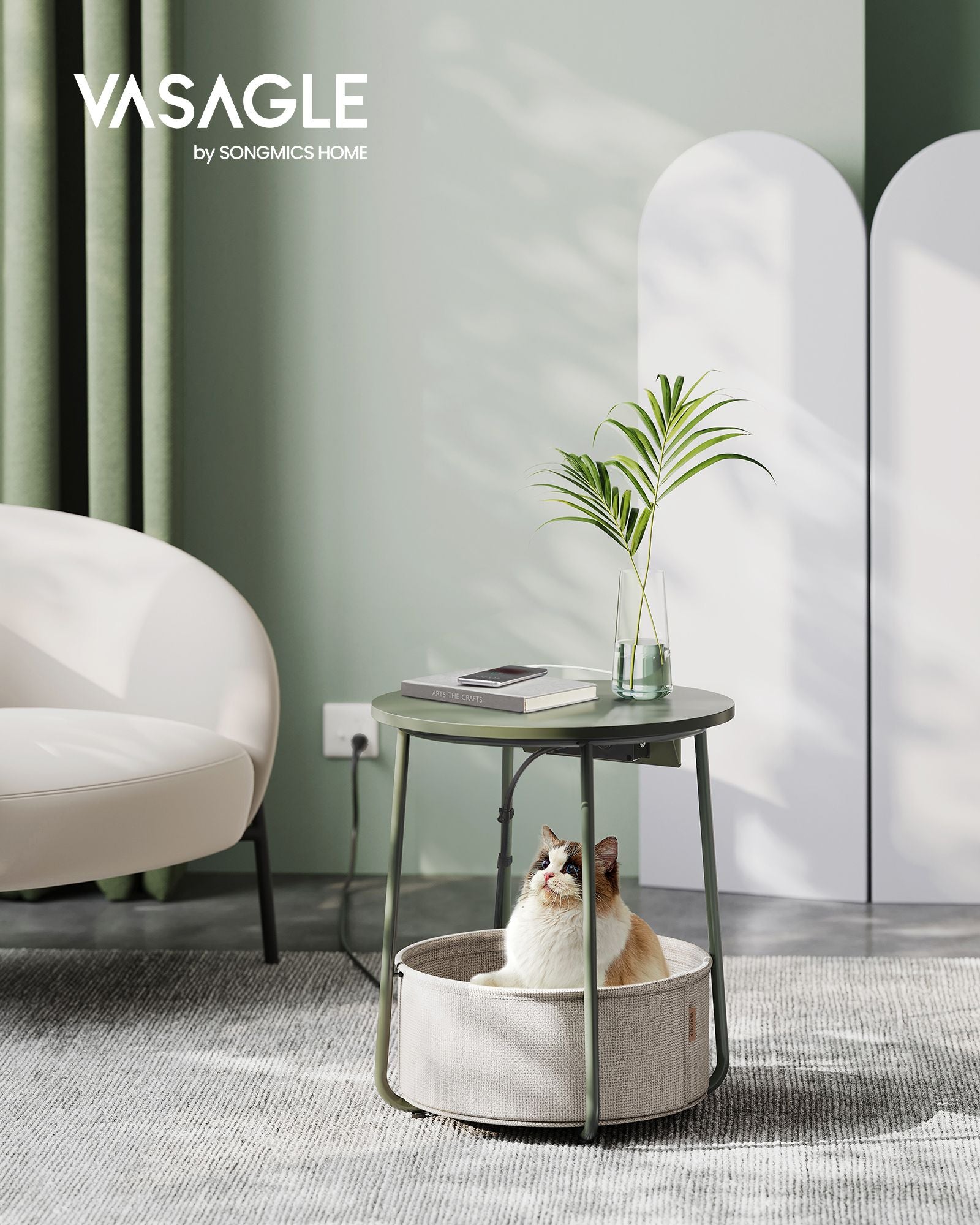 Side table with charging station and socket in forest green and cream white