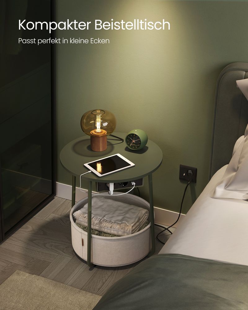 Side table - bedside table - with charging station and socket - with basket - green
